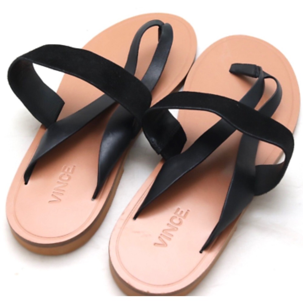 Vince Womens Black Suede‎ Leather Multi Strap Thong Flat Sandals Tan Sole 6.5